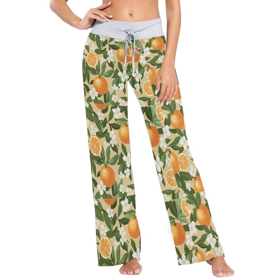 Ckdifva Oranges Green Leaves Flower Womens Sleep Pajama Pants Waistband Lounge Sleepwear Pjs Sweatpants Yoga Pants
