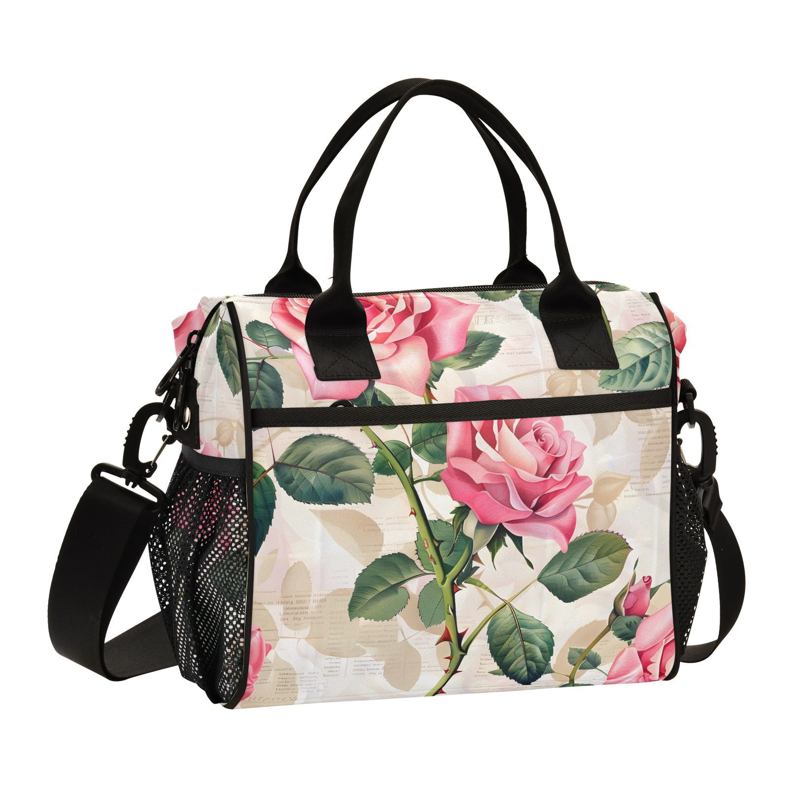 Ckdifva Pink Beautiful Rose Cooler Bag Cooler Cooling Tote Lunch Bag Lunch Box Front Pocket with Shoulder Strap