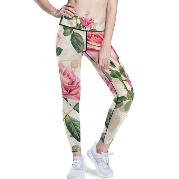 Ckdifva Pink Beautiful Rose Yoga Pants with Pockets for Women Workout Athletic Yoga Leggings