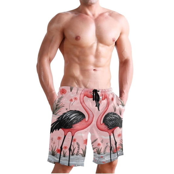 Ckdifva Pink Black Flamingos Men's Board Shorts Swim Trunks Drawstring Summer Beach Golf Shorts Quick Dry with Pockets