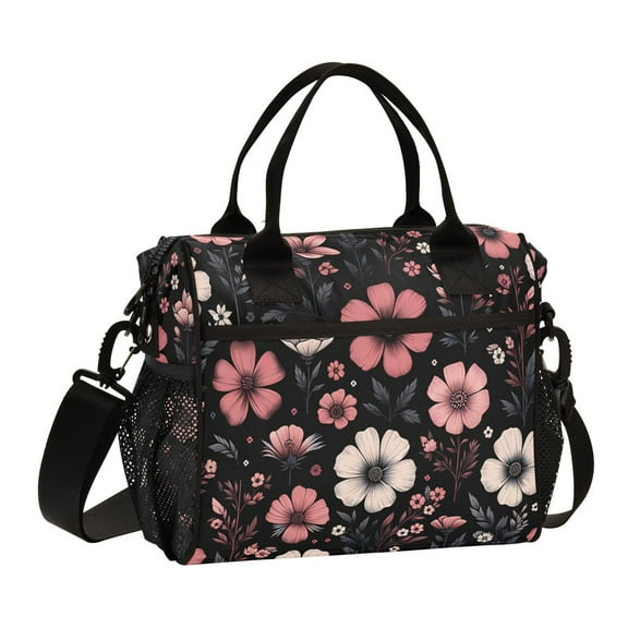 Ckdifva Pink Flower on Black Cooler Bag Cooler Cooling Tote Lunch Bag Lunch Box Front Pocket with Shoulder Strap