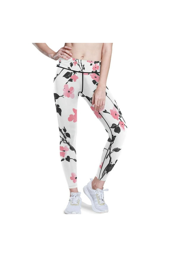 Pink Flowers Floral Yoga Pants with Pockets for Women Workout Athletic Yoga Leggings