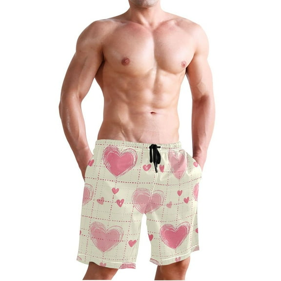 Ckdifva Pink Hearts in Grids Men's Board Shorts Swim Trunks Drawstring Summer Beach Golf Shorts Quick Dry with Pockets