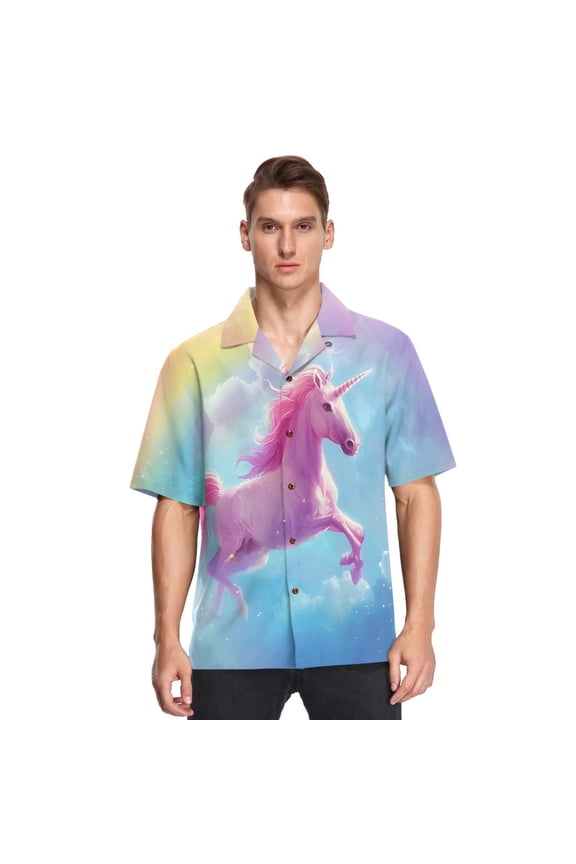 Pink Unicorn and Rainbow Mens Button Down Short Sleeve Shirt Casual Shirts Beach Hawaiian Shirts