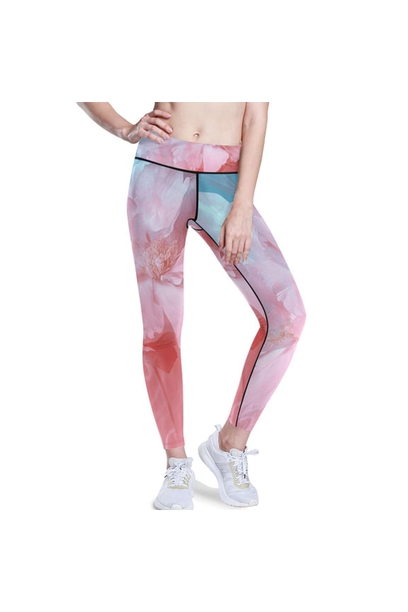 Pink Watercolor Flowers Yoga Pants with Pockets for Women Workout Athletic Yoga Leggings