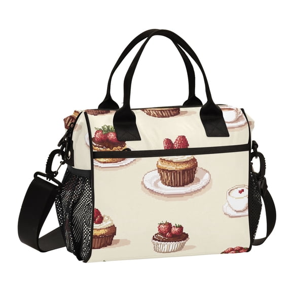 Ckdifva Pixel Cakes and Coffee Cooler Bag Cooler Cooling Tote Lunch Bag Lunch Box Front Pocket with Shoulder Strap