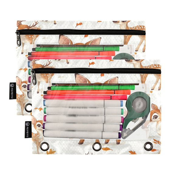 Ckdifva Pretty Deers Pencil Pouch 3 Ring Zipper Pencil Case Binder Pockets Clear Top Cosmetic Bag 2 Pack