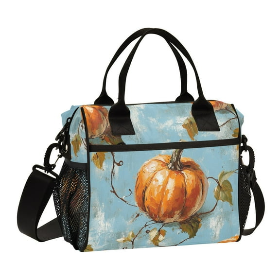 Ckdifva Pumpkins in Blue Cooler Bag Cooler Cooling Tote Lunch Bag Lunch Box Front Pocket with Shoulder Strap