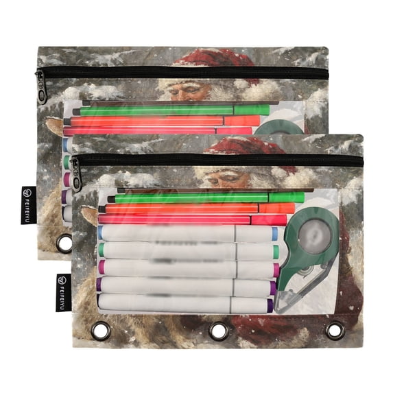 Ckdifva Rabbit and Santa Claus Pencil Pouch 3 Ring Zipper Pencil Case Binder Pockets Clear Top Cosmetic Bag 2 Pack