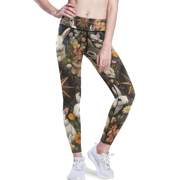 Ckdifva Rabbits Flowers Round Yoga Pants with Pockets for Women Workout Athletic Yoga Leggings