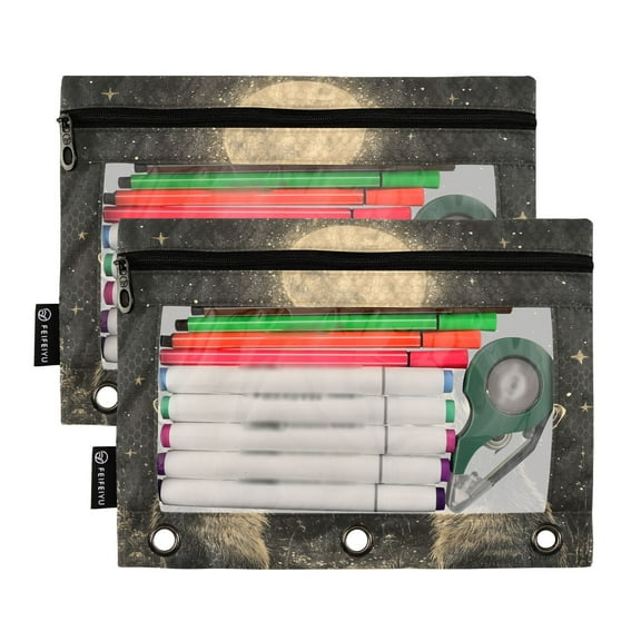 Ckdifva Raccoons Moon Stars Pencil Pouch 3 Ring Zipper Pencil Case Binder Pockets Clear Top Cosmetic Bag 2 Pack