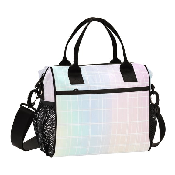 Ckdifva Rainbow Gradient Grid Cooler Bag Cooler Cooling Tote Lunch Bag Lunch Box Front Pocket with Shoulder Strap