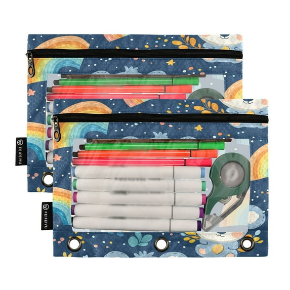 Ckdifva Rainbows Koalas Pencil Pouch 3 Ring Zipper Pencil Case Binder Pockets Clear Top Cosmetic Bag 2 Pack