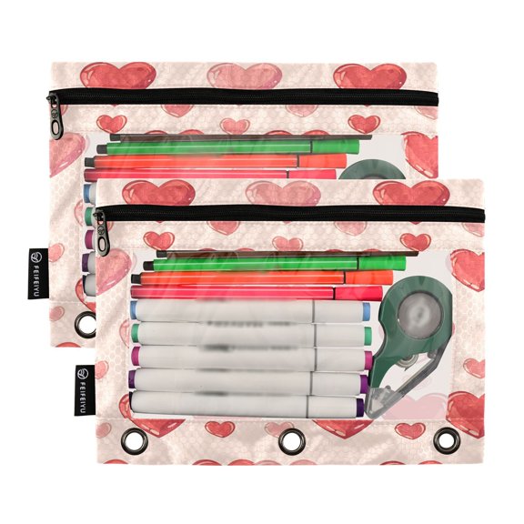 Ckdifva Red and Pink Hearts Pencil Pouch 3 Ring Zipper Pencil Case Binder Pockets Clear Top Cosmetic Bag 2 Pack