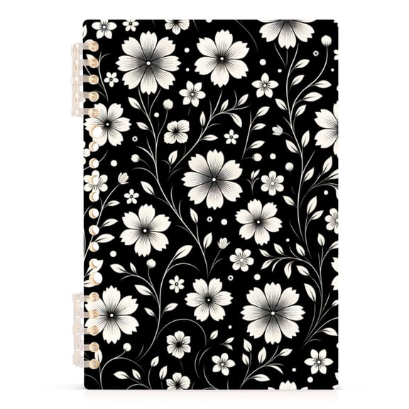 Retro White and Black Flowers Ring Binder Notebook Journey Note Diary College Ruled Spiral Notebook Study Loose Leaf Paper A5 60 Pages