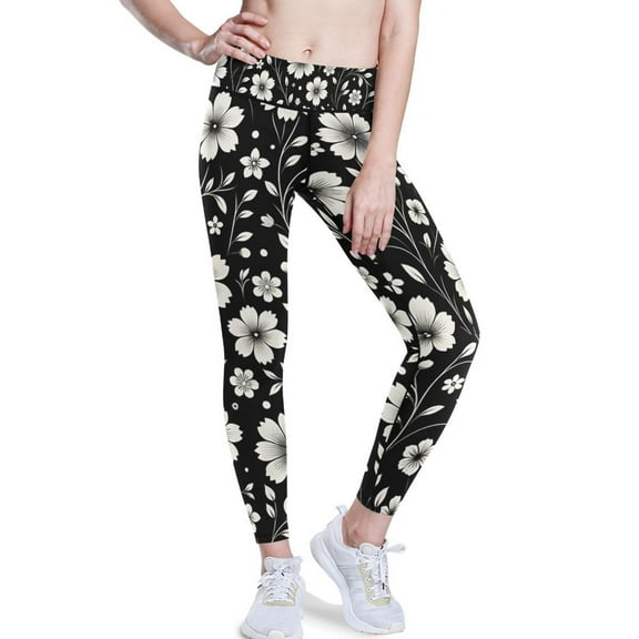 Ckdifva Retro White and Black Flowers Yoga Pants with Pockets for Women Workout Athletic Yoga Leggings