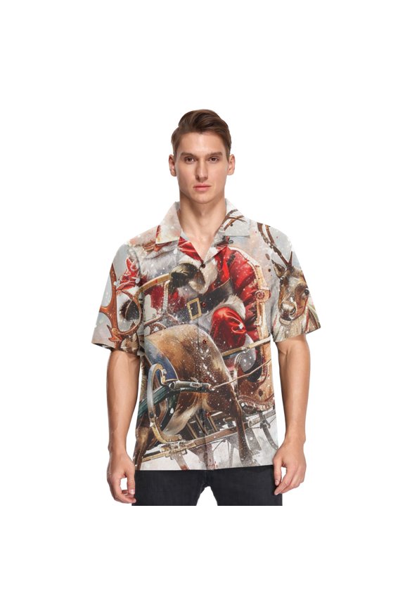 Santa Claus Reindeer Mens Button Down Short Sleeve Shirt Casual Shirts Beach Hawaiian Shirts