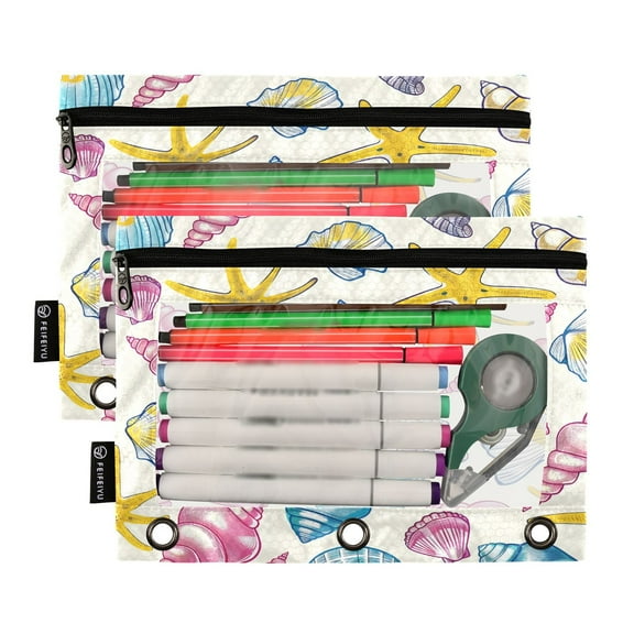 Ckdifva Sea Stars Shells Pencil Pouch 3 Ring Zipper Pencil Case Binder Pockets Clear Top Cosmetic Bag 2 Pack