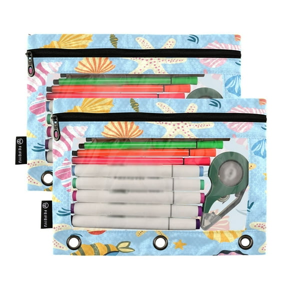 Ckdifva Sea Stars and Shells Pencil Pouch 3 Ring Zipper Pencil Case Binder Pockets Clear Top Cosmetic Bag 2 Pack