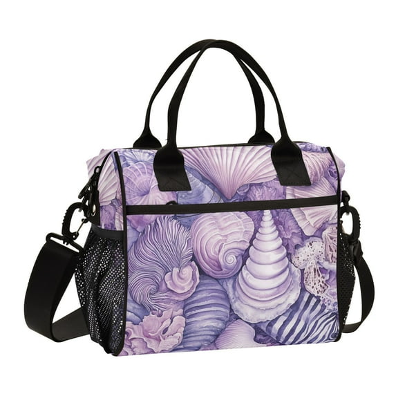 Ckdifva Seashells Stripes Cooler Bag Cooler Cooling Tote Lunch Bag Lunch Box Front Pocket with Shoulder Strap