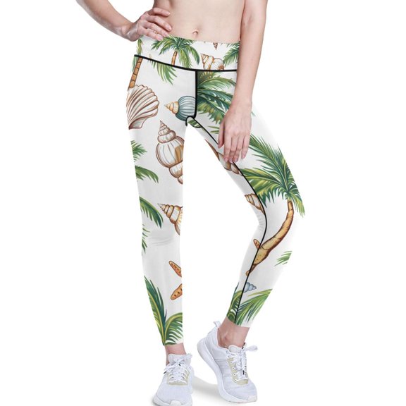Ckdifva Shells Palm Trees Yoga Pants with Pockets for Women Workout Athletic Yoga Leggings