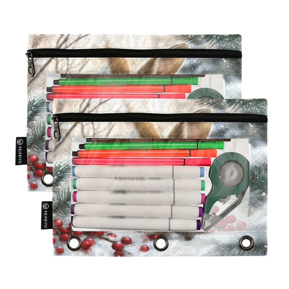 Ckdifva Snow Rabbit Easter Pencil Pouch 3 Ring Zipper Pencil Case Binder Pockets Clear Top Cosmetic Bag 2 Pack