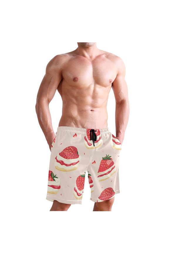 Strawberry Cake Men's Board Shorts Swim Trunks Drawstring Summer Beach Golf Shorts Quick Dry with Pockets
