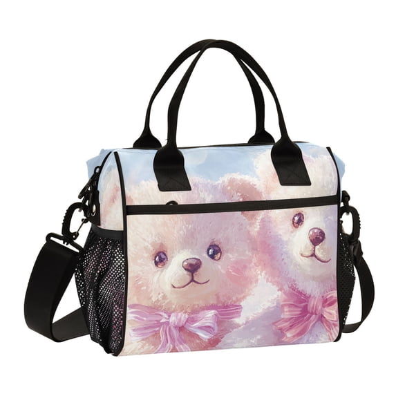 Ckdifva Teddy Bears Pink Bows Cooler Bag Cooler Cooling Tote Lunch Bag Lunch Box Front Pocket with Shoulder Strap