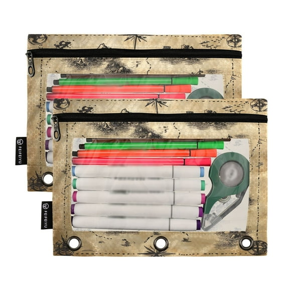 Ckdifva Treasure Map Pencil Pouch 3 Ring Zipper Pencil Case Binder Pockets Clear Top Cosmetic Bag 2 Pack