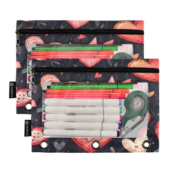 Ckdifva Valentines Day Hearts Leaves Pencil Pouch 3 Ring Zipper Pencil Case Binder Pockets Clear Top Cosmetic Bag 2 Pack