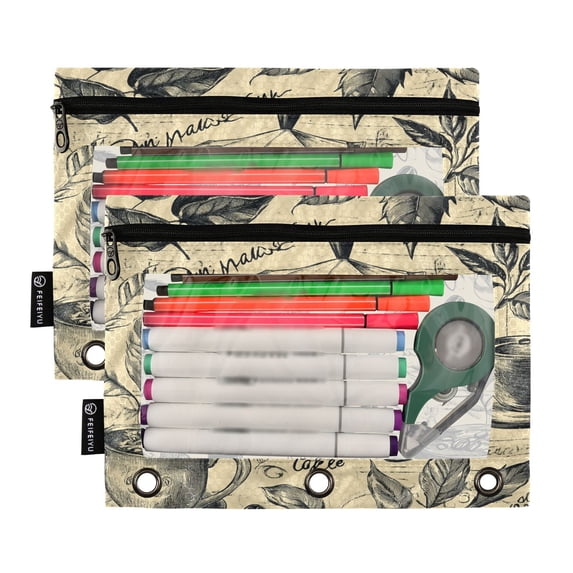 Ckdifva Vintage Coffee Pencil Pouch 3 Ring Zipper Pencil Case Binder Pockets Clear Top Cosmetic Bag 2 Pack