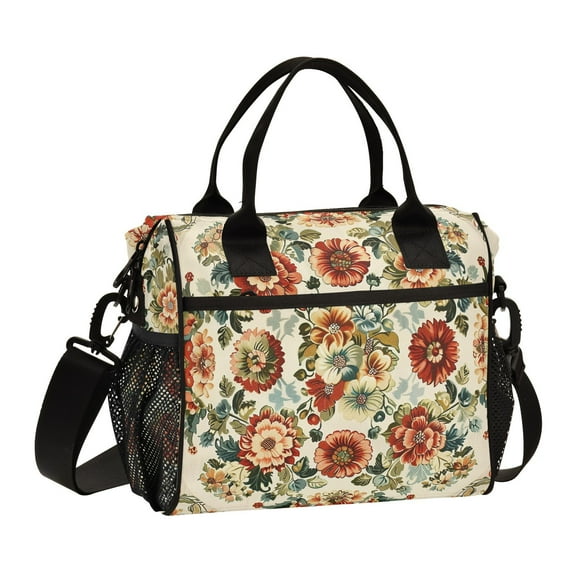 Ckdifva Vintage Medallion Floral Flowers Cooler Bag Cooler Cooling Tote Lunch Bag Lunch Box Front Pocket with Shoulder Strap