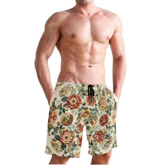 Ckdifva Vintage Medallion Floral Flowers Men's Board Shorts Swim Trunks Drawstring Summer Beach Golf Shorts Quick Dry with Pockets
