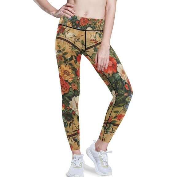 Ckdifva Vintage Medallion Floral Yoga Pants with Pockets for Women Workout Athletic Yoga Leggings