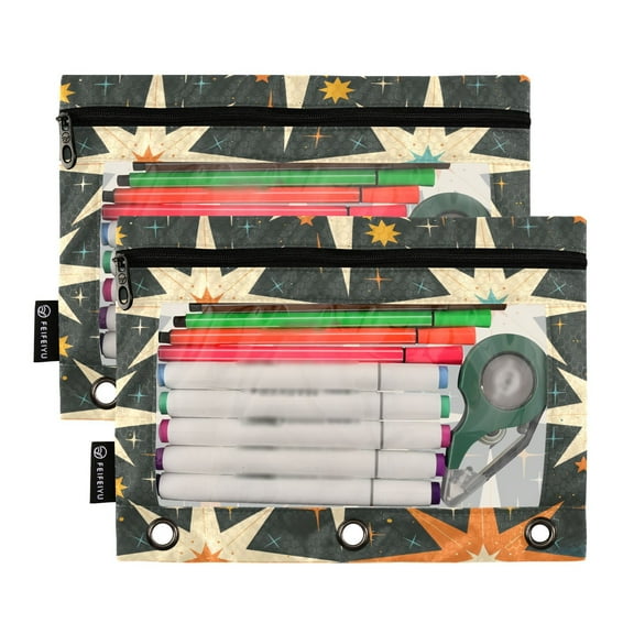 Ckdifva Vintage Stars Pencil Pouch 3 Ring Zipper Pencil Case Binder Pockets Clear Top Cosmetic Bag 2 Pack