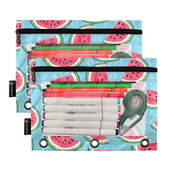 Ckdifva Watermelon Pencil Pouch 3 Ring Zipper Pencil Case Binder Pockets Clear Top Cosmetic Bag 2 Pack