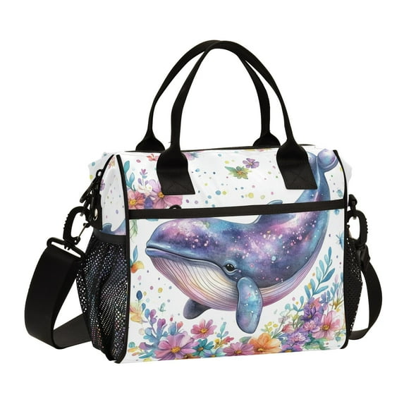 Ckdifva Whale and Flowers Cooler Bag Cooler Cooling Tote Lunch Bag Lunch Box Front Pocket with Shoulder Strap