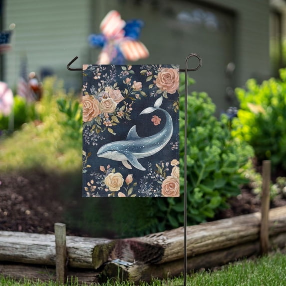 Ckdifva Whales Floral Roses Garden Flag 28 x 40 Inch Vertical Double Sided for Yard Lawn Outdoor Outside