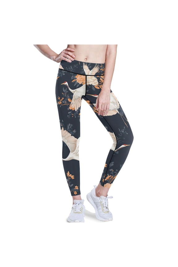 White Cranes Yoga Pants with Pockets for Women Workout Athletic Yoga Leggings