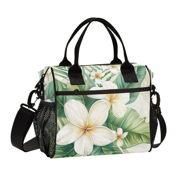 Ckdifva White Flower Green Leaves Cooler Bag Cooler Cooling Tote Lunch Bag Lunch Box Front Pocket with Shoulder Strap