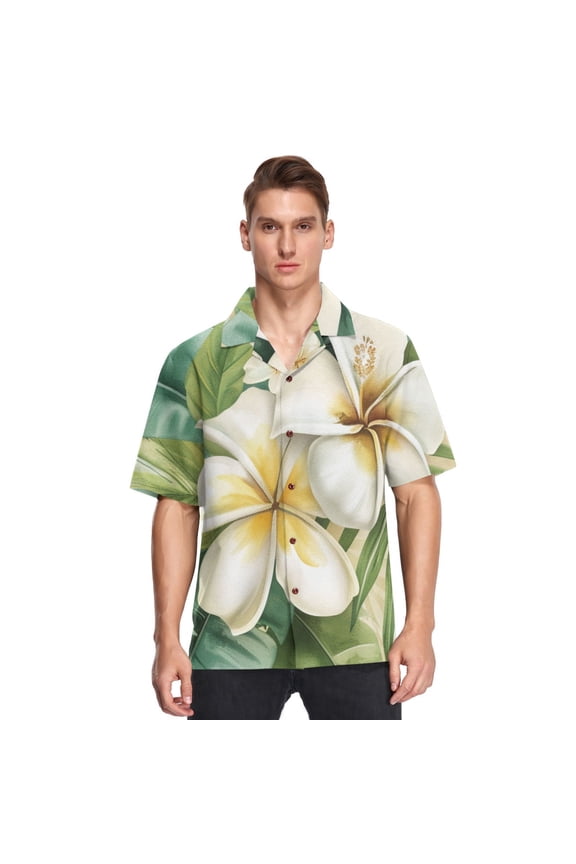 White Flower Mens Button Down Short Sleeve Shirt Casual Shirts Beach Hawaiian Shirts