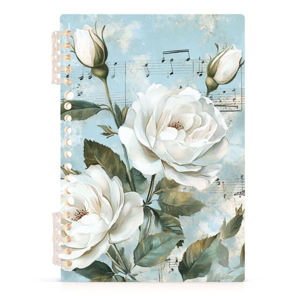 Ckdifva White Rose Music Notes A5 Ring Binder Notebook Journey Note Diary College Ruled Study 60 Pages