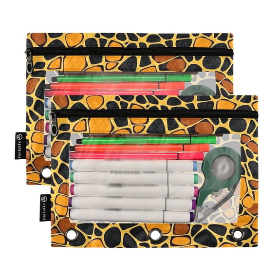 Ckdifva Yellow Black Blocks Pencil Pouch 3 Ring Zipper Pencil Case Binder Pockets Clear Top Cosmetic Bag 2 Pack