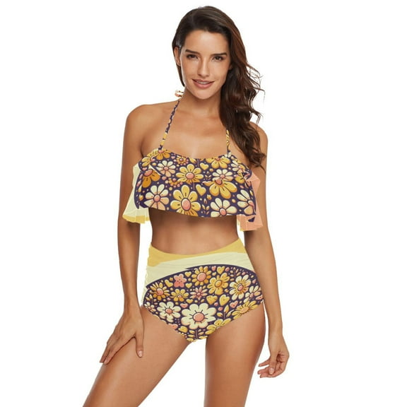 Ckdifva Yellow Flowers on Yellow Womens High Waisted Bikini Set Two Piece Swimsuit Bathing Suits