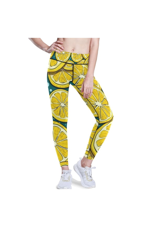 Yellow Lemon Slice Yoga Pants with Pockets for Women Workout Athletic Yoga Leggings