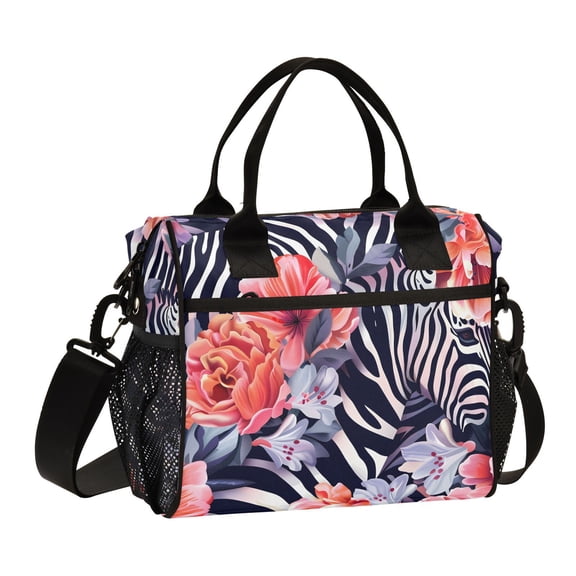 Ckdifva Zebra Beautiful Flowers Cooler Bag Cooler Cooling Tote Lunch Bag Lunch Box Front Pocket with Shoulder Strap