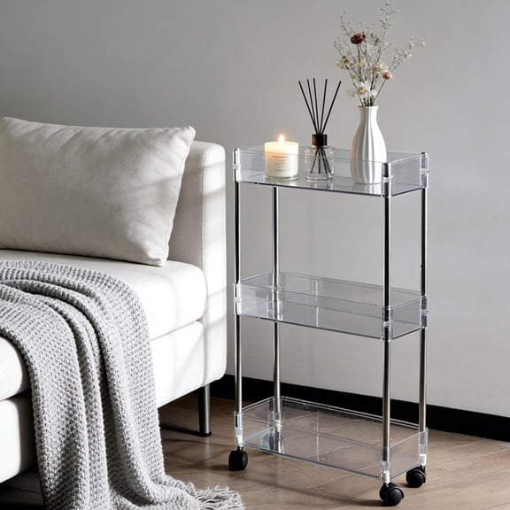 Ckraxd 3 Tier Slim Rolling Storage Cart, Acrylic Trolley Organizer, Multi-Functional Utility Cart, Narrow Space Storage Solution for Bathroom, Kitchen, Laundry, Small Spaces