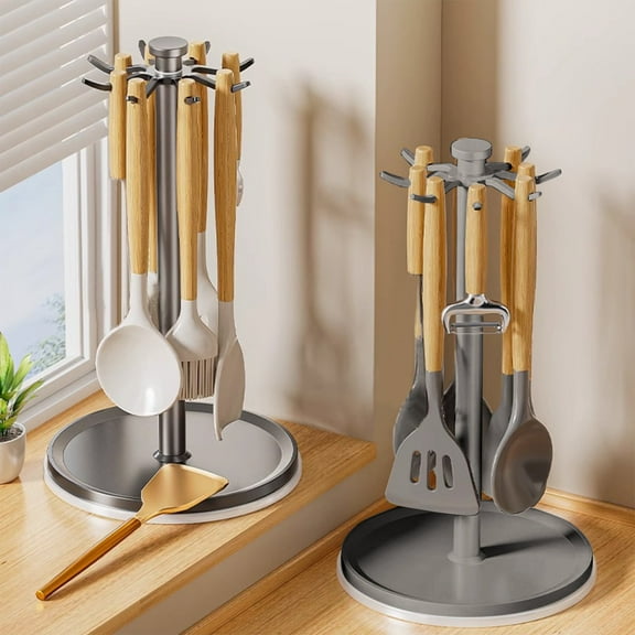 Ckraxd 360° Rotating Spatula Rack Kitchen Storage Organizer Space Aluminum Utensil Holder Countertop Tool Stand for Efficient Kitchen Organization
