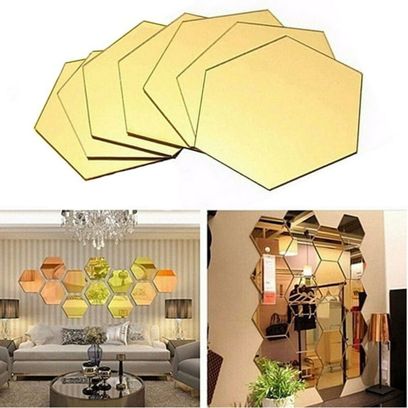 Ckraxd 7Pcs Gold Mirror Vinyl Removable Wall Stickers, Acrylic Wall Decals for Home Decor, DIY Art, 3D Hexagon Shape Wall Art, Living Room & Bedroom Decor
