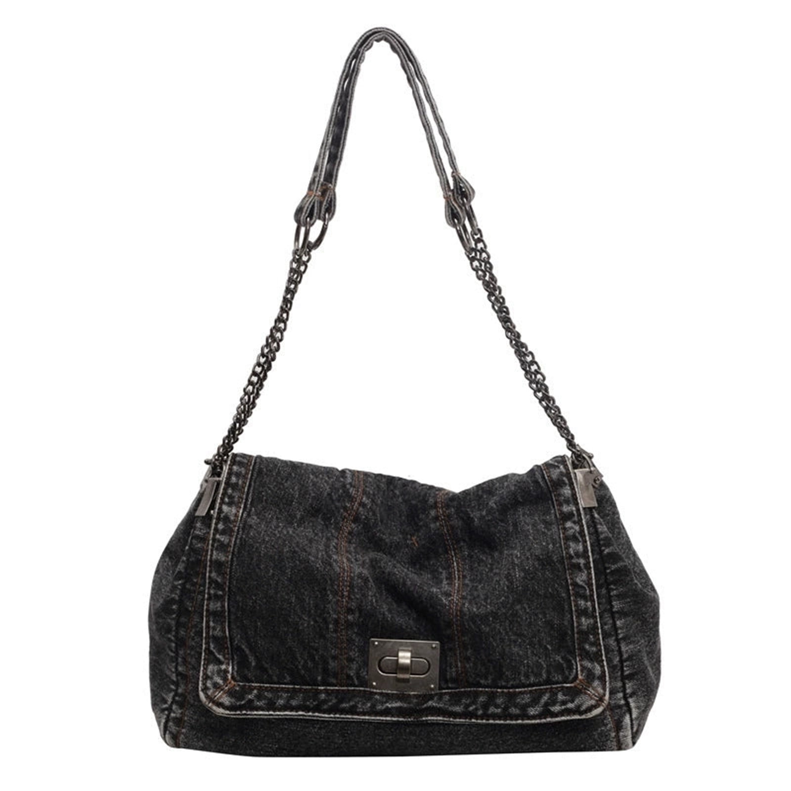 Ckraxd Denim Shoulder Jean Purses - Women's Large Capacity Handbag with Chain Strap, Trendy Tote Bag for Leisure and Commuting